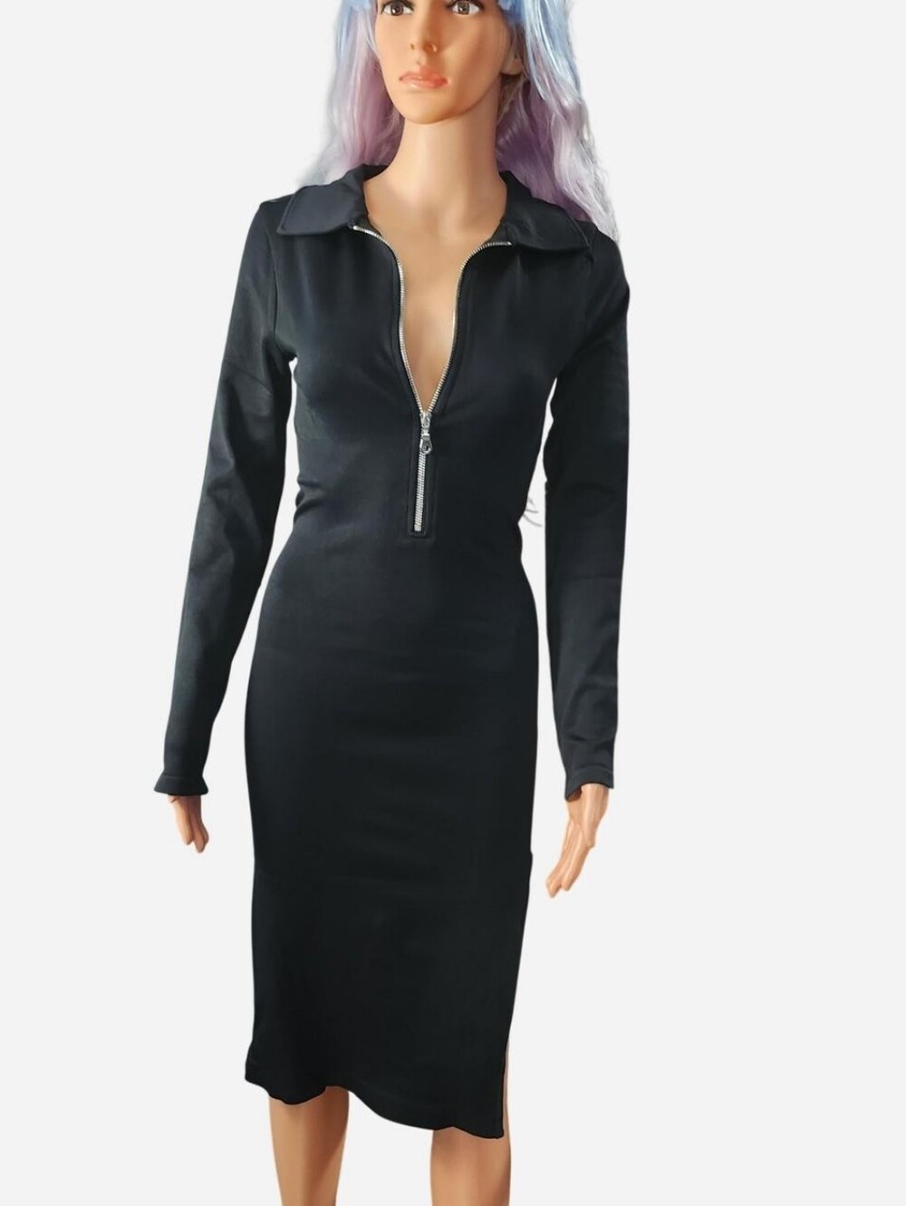 OQQ Black Long Sleeve Zip Front Bodycon Dress / NWOT / Large